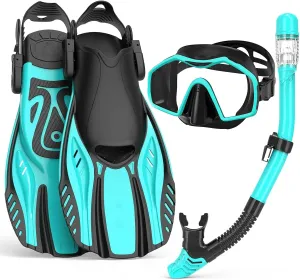 Snorkeling Gear for Adults,Mask Fins Snorkel Set,Panoramic View Diving Mask Anti-Fog,Dry Snorkel,Adjustable Swim Flippers and Travel Bag,Adults Snorkel Gear for Swimming Snorkeling Diving