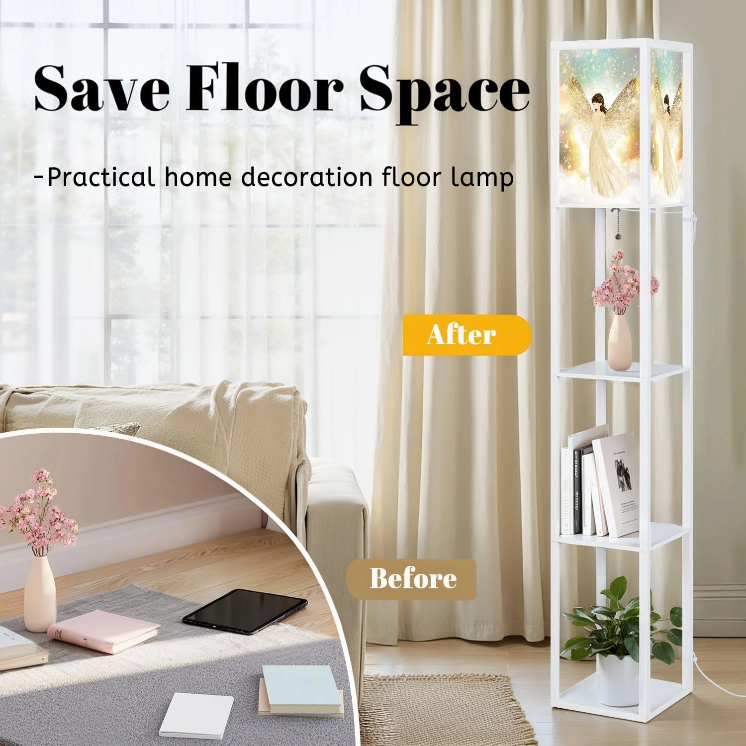 Soft Gradient Angelic Atmosphere Art Floor Lamps with Shelves, Modern Standing Lamp Narrow Corner Display Bookshelf Lamp for Living Room, Bedroom, Office Decor