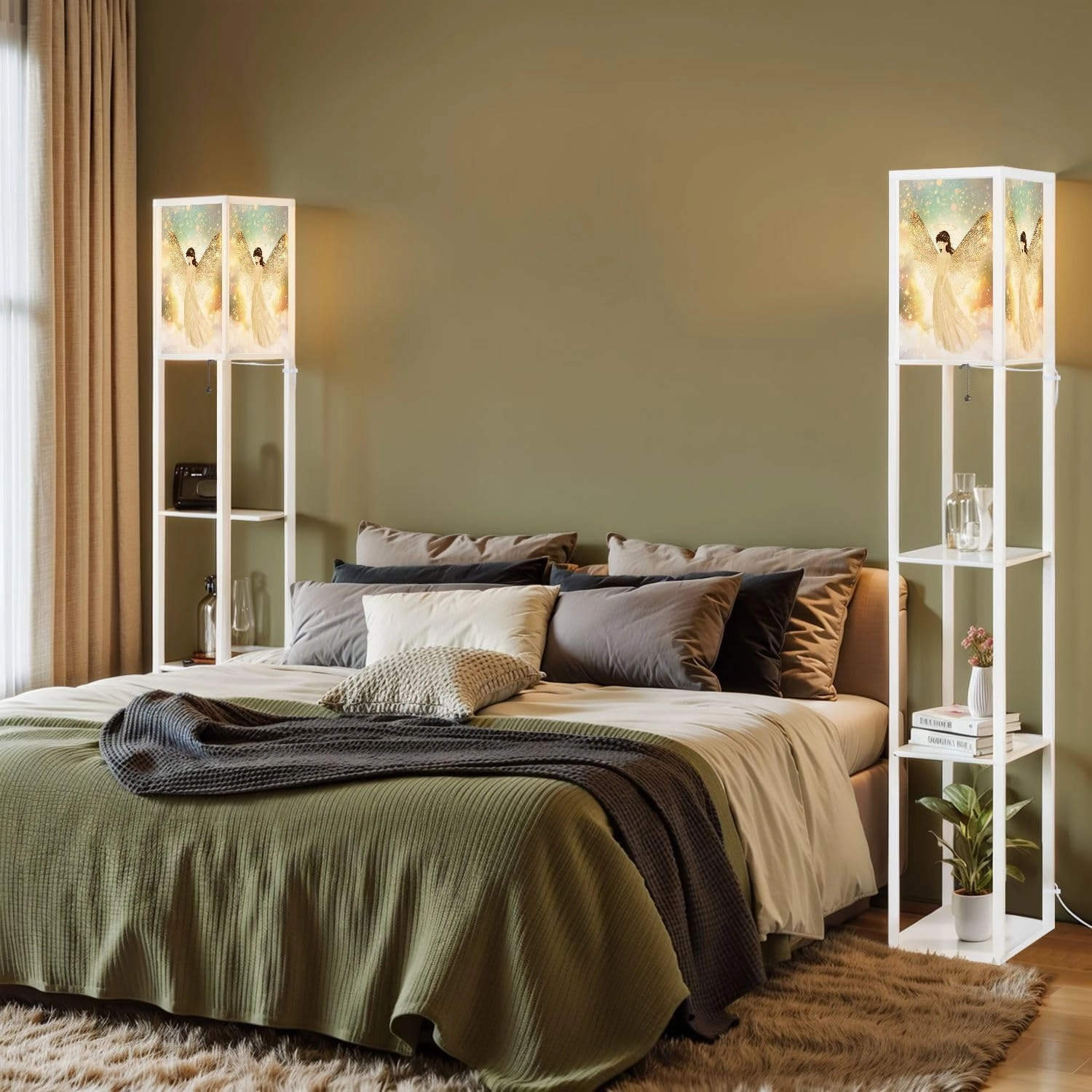 Soft Gradient Angelic Atmosphere Art Floor Lamps with Shelves, Modern Standing Lamp Narrow Corner Display Bookshelf Lamp for Living Room, Bedroom, Office Decor