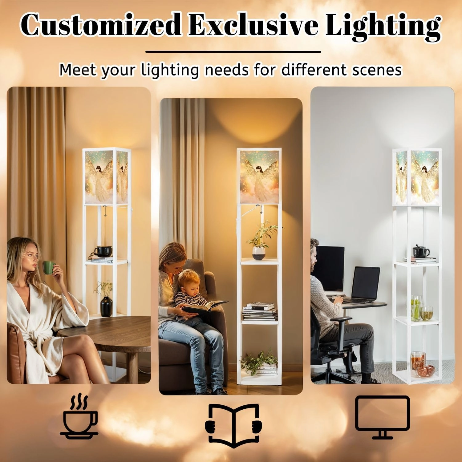 Soft Gradient Angelic Atmosphere Art Floor Lamps with Shelves, Modern Standing Lamp Narrow Corner Display Bookshelf Lamp for Living Room, Bedroom, Office Decor
