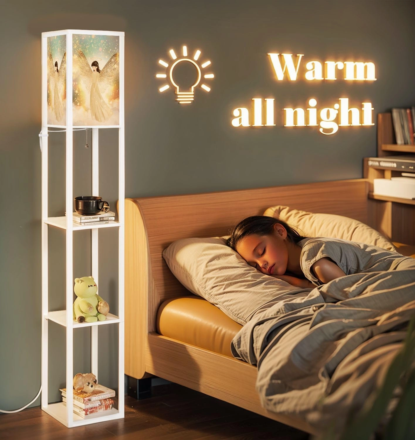 Soft Gradient Angelic Atmosphere Art Floor Lamps with Shelves, Modern Standing Lamp Narrow Corner Display Bookshelf Lamp for Living Room, Bedroom, Office Decor