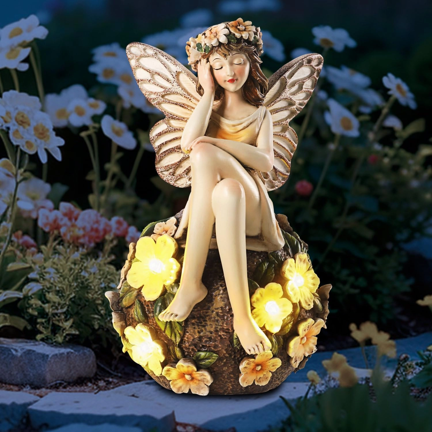 Solar Fairy Statue Sitting on The Flower Ball Light 6.8" Angel Statues for Garden Yard Patio Porch Lawn Decor Resin Fairy Figurine Outdoor Waterproof Angel Gifts for Women Mom Sister