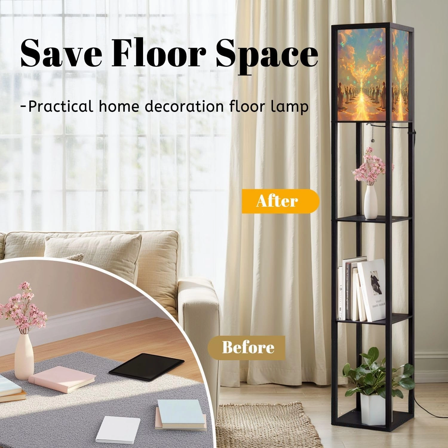 Spiritual Angels Painting Glowing Highlights Floor Lamps with Shelves, Modern Standing Lamp Narrow Corner Display Bookshelf Lamp for Living Room, Bedroom, Office Decor