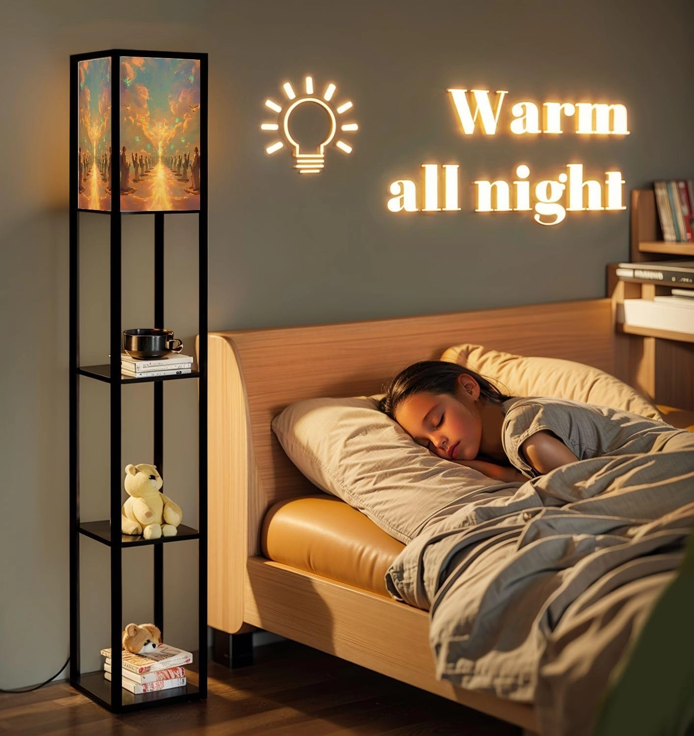 Spiritual Angels Painting Glowing Highlights Floor Lamps with Shelves, Modern Standing Lamp Narrow Corner Display Bookshelf Lamp for Living Room, Bedroom, Office Decor
