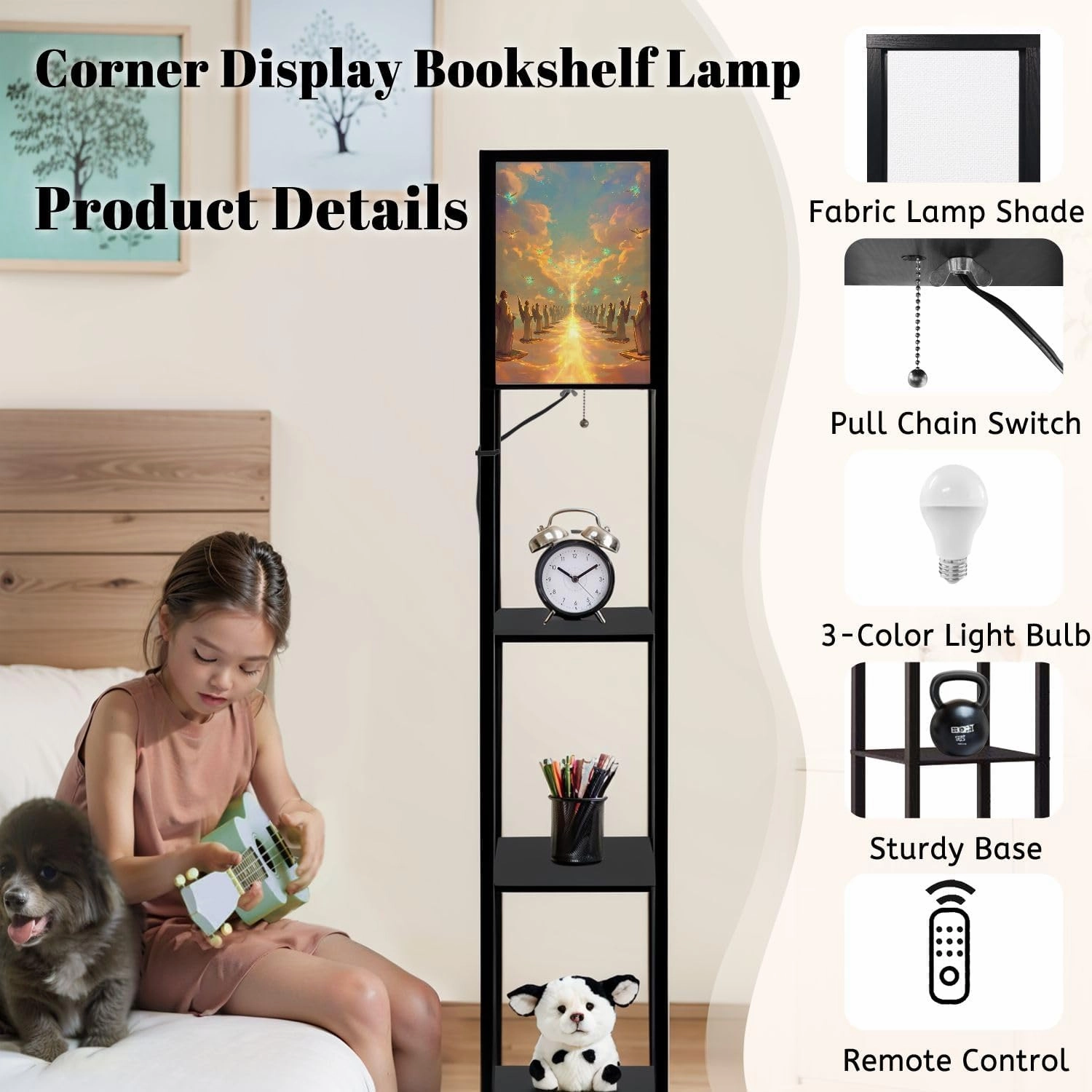 Spiritual Angels Painting Glowing Highlights Floor Lamps with Shelves, Modern Standing Lamp Narrow Corner Display Bookshelf Lamp for Living Room, Bedroom, Office Decor