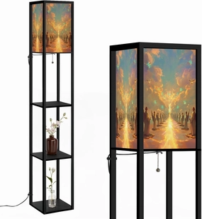 Spiritual Angels Painting Glowing Highlights Floor Lamps with Shelves, Modern Standing Lamp Narrow Corner Display Bookshelf Lamp for Living Room, Bedroom, Office Decor