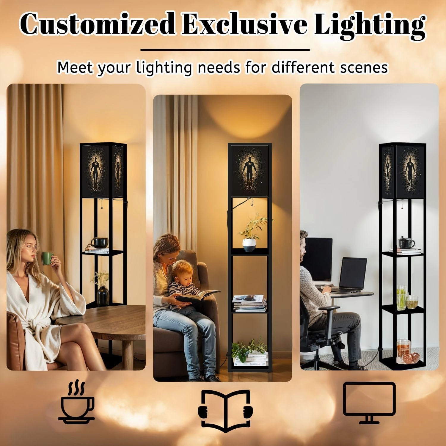 Spiritual body silhouette surrounded sun Trance meditation astral body Floor Lamps with Shelves, Modern Standing Lamp Narrow Corner Display Bookshelf Lamp for Living Room, Bedroom, Office Decor
