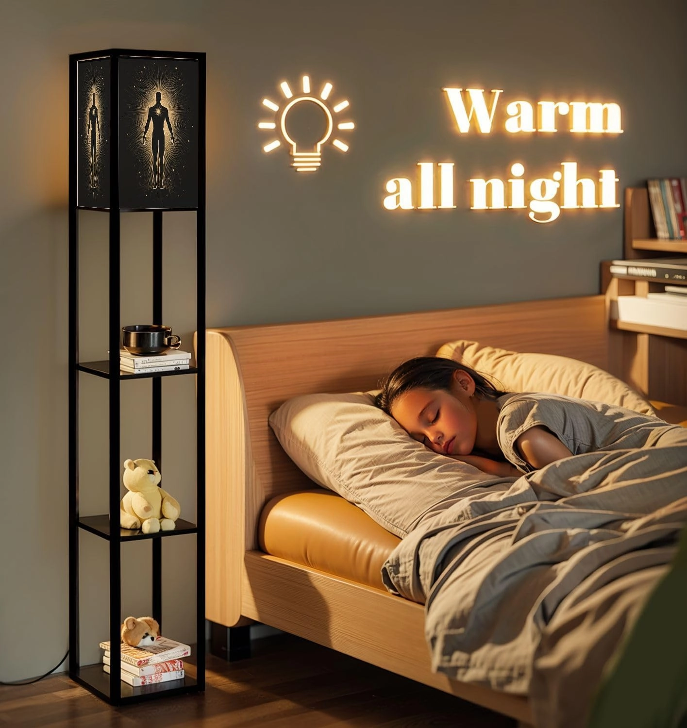 Spiritual body silhouette surrounded sun Trance meditation astral body Floor Lamps with Shelves, Modern Standing Lamp Narrow Corner Display Bookshelf Lamp for Living Room, Bedroom, Office Decor