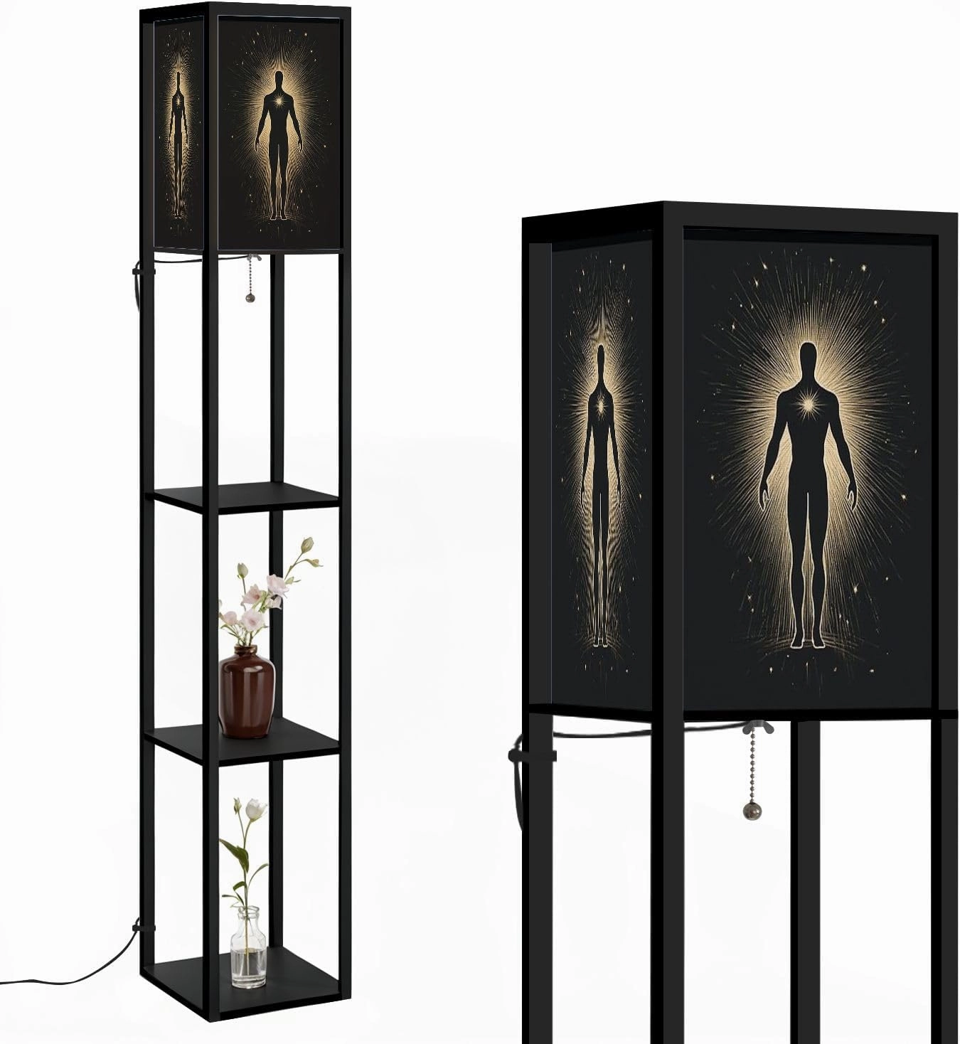 Spiritual body silhouette surrounded sun Trance meditation astral body Floor Lamps with Shelves, Modern Standing Lamp Narrow Corner Display Bookshelf Lamp for Living Room, Bedroom, Office Decor