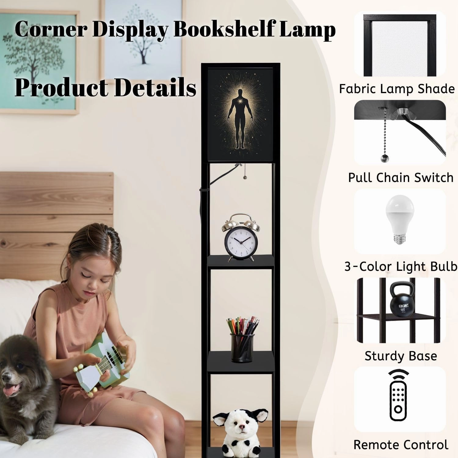 Spiritual body silhouette surrounded sun Trance meditation astral body Floor Lamps with Shelves, Modern Standing Lamp Narrow Corner Display Bookshelf Lamp for Living Room, Bedroom, Office Decor