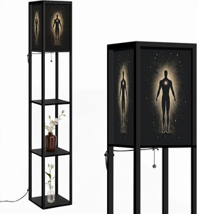 Spiritual body silhouette surrounded sun Trance meditation astral body Floor Lamps with Shelves, Modern Standing Lamp Narrow Corner Display Bookshelf Lamp for Living Room, Bedroom, Office Decor