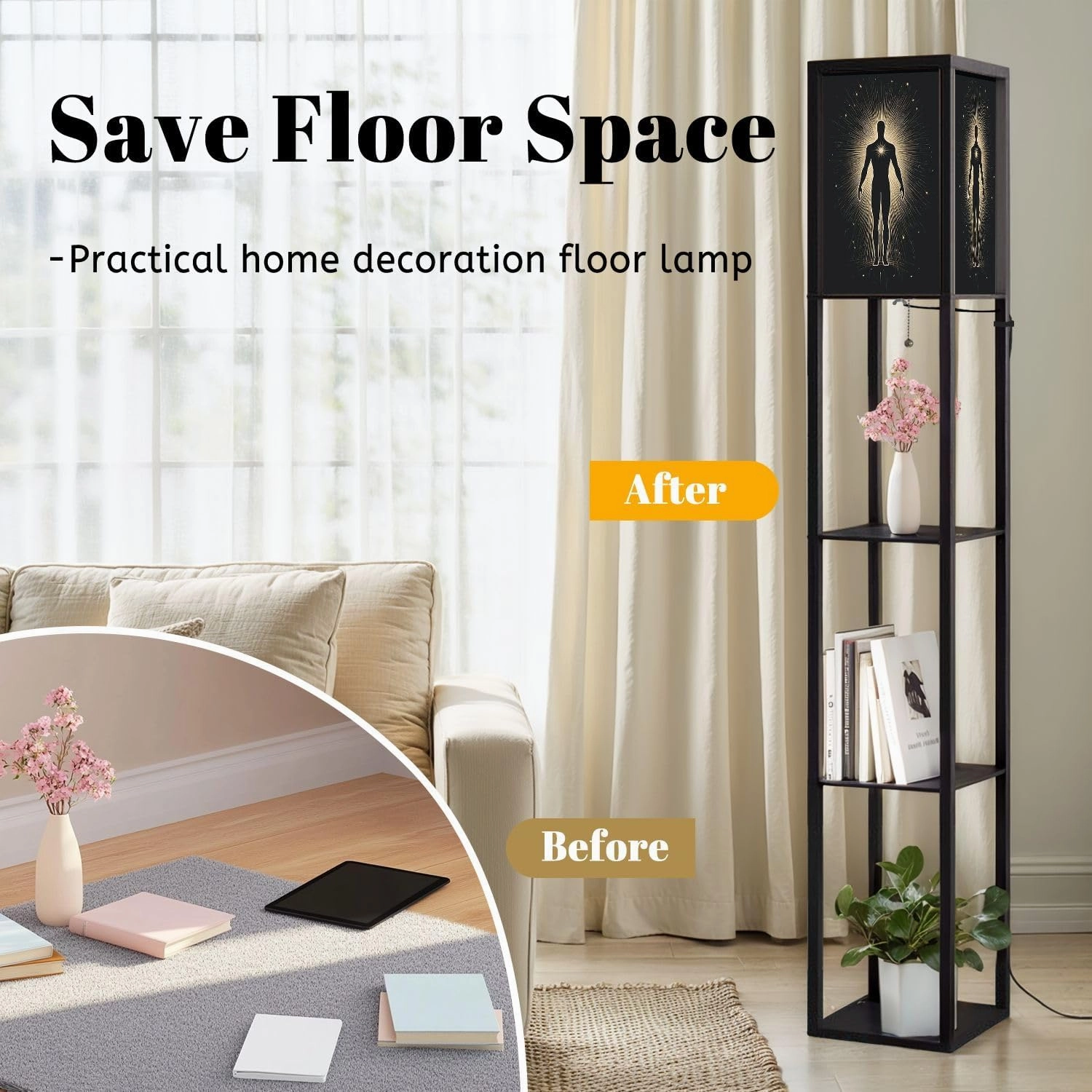 Spiritual body silhouette surrounded sun Trance meditation astral body Floor Lamps with Shelves, Modern Standing Lamp Narrow Corner Display Bookshelf Lamp for Living Room, Bedroom, Office Decor