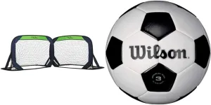 Sport Squad Portable Soccer Goal Net Set - Set of Two 4' Pop Up Training Soccer Goals with Compact Carrying Case - Easy Assembly and Compact Storage & Wilson Traditional Soccer Ball - Black/White