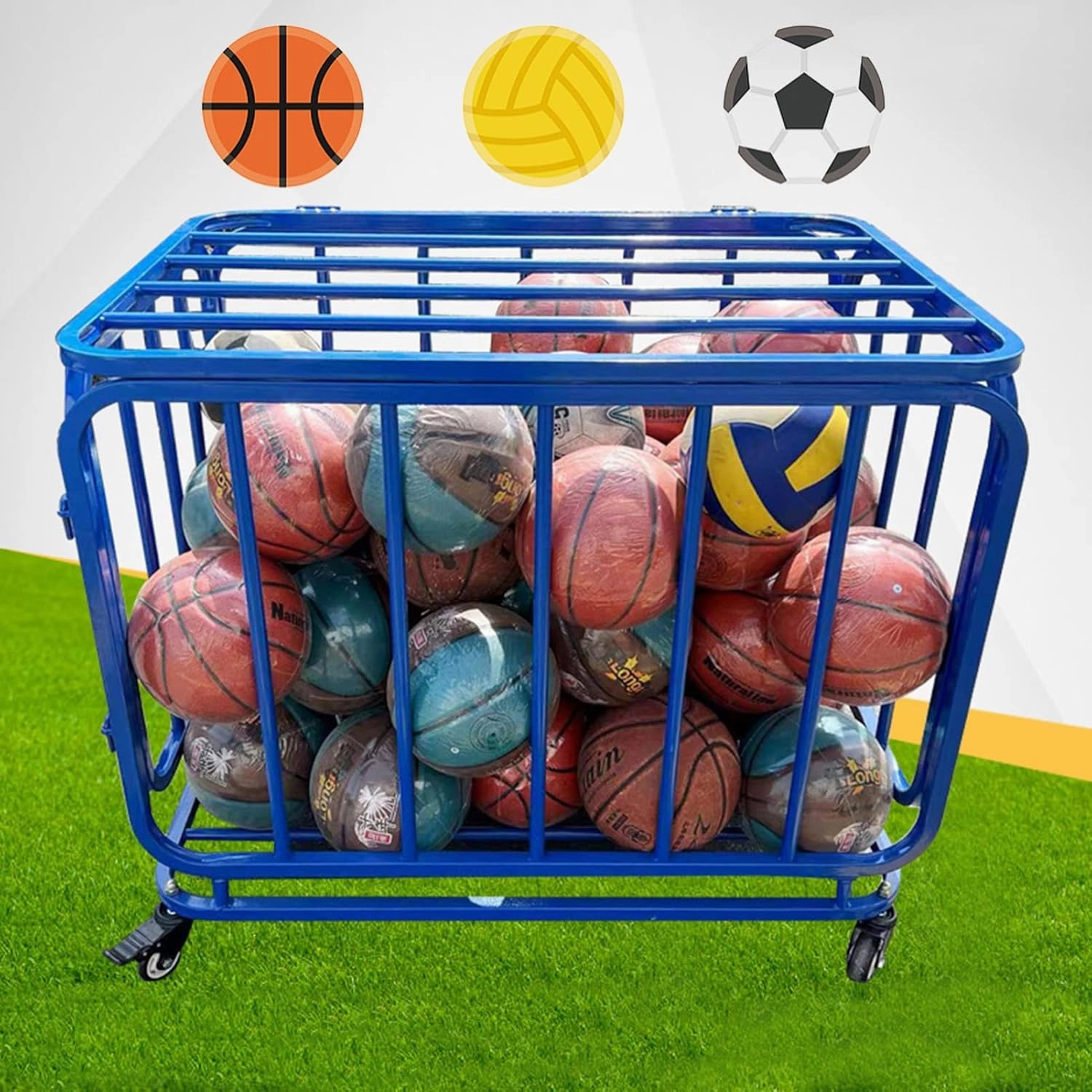 Sports Ball Storage Stand Basketball Cage Storage, Heavy Duty Sports Equipment Organization Cart with Wheels/Lockable Hinge Cover, Indoor Outdoor