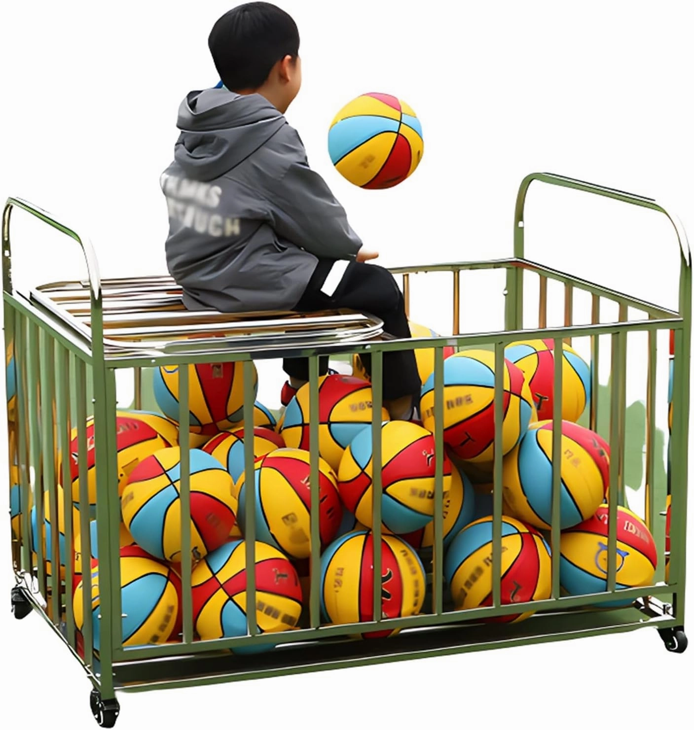 Sports Ball Storage Stand School/Ball Courts Ball Rack - Portably Movable, Half-Open Lid Rolling Ball Cage with Lockable Wheels, Heavy Load Resistant 180kg/400 Lbs