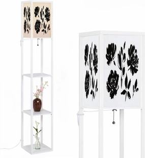 Spring Flowers Hand Drawn Set Black Ink Brush Textures Grunge Dry Floor Lamps with Shelves, Modern Standing Lamp Narrow Corner Display Bookshelf Lamp for Living Room, Bedroom, Office Decor