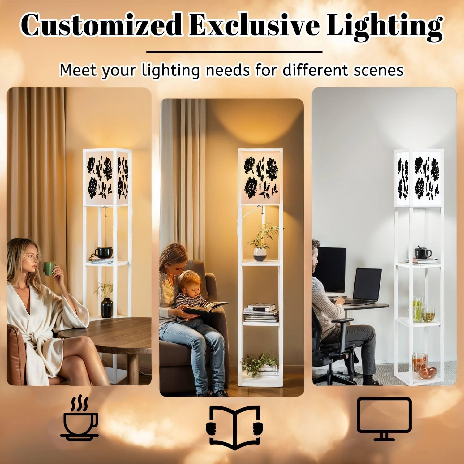 Spring Flowers Hand Drawn Set Black Ink Brush Textures Grunge Dry Floor Lamps with Shelves, Modern Standing Lamp Narrow Corner Display Bookshelf Lamp for Living Room, Bedroom, Office Decor