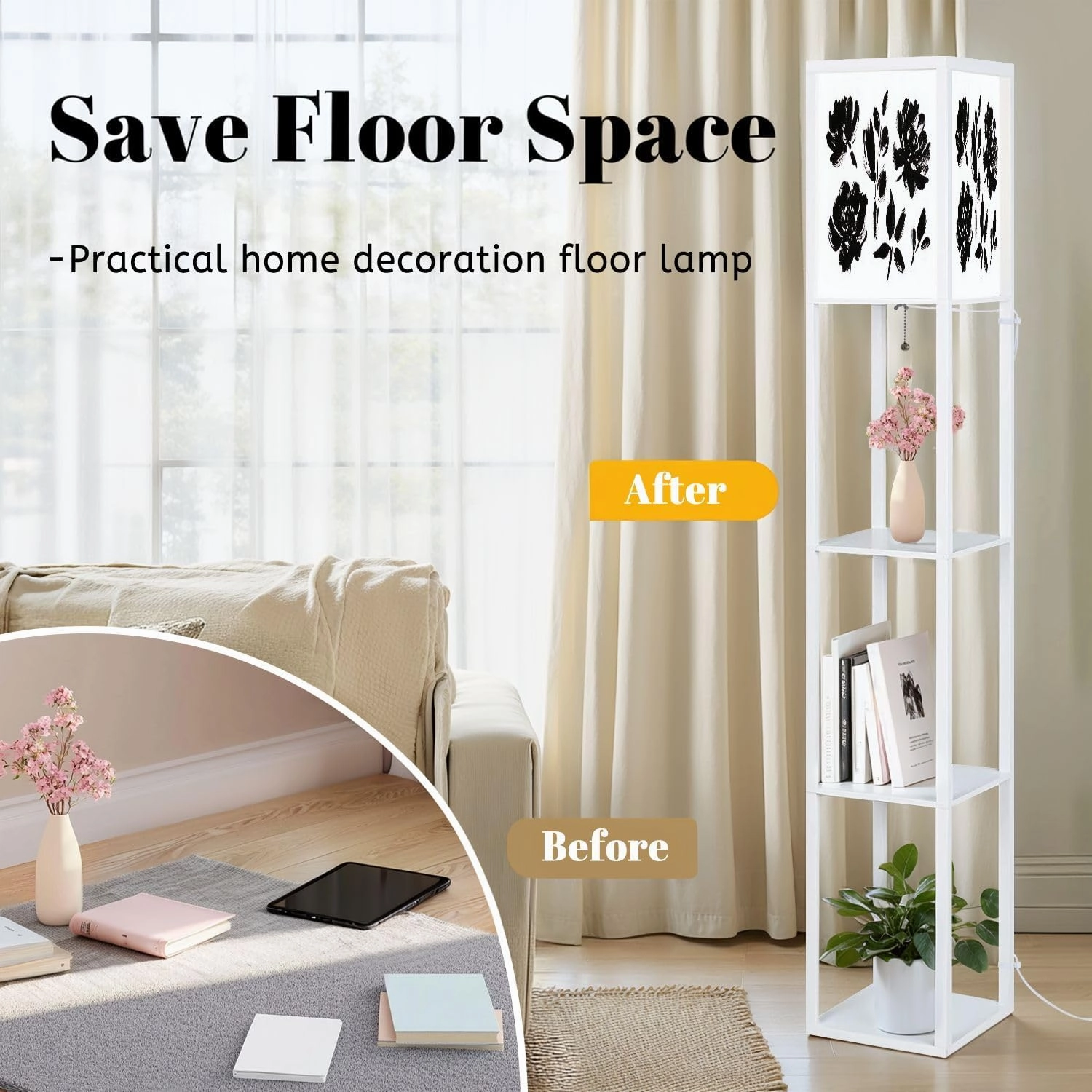 Spring Flowers Hand Drawn Set Black Ink Brush Textures Grunge Dry Floor Lamps with Shelves, Modern Standing Lamp Narrow Corner Display Bookshelf Lamp for Living Room, Bedroom, Office Decor