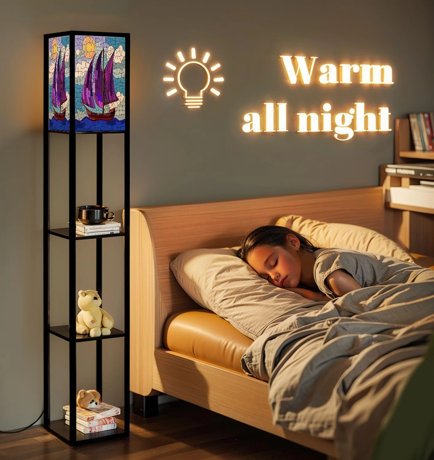 Stained Glass Style an Ship Sailing Against sea Sun Sky Seascape Floor Lamps with Shelves, Modern Standing Lamp Narrow Corner Display Bookshelf Lamp for Living Room, Bedroom, Office Decor