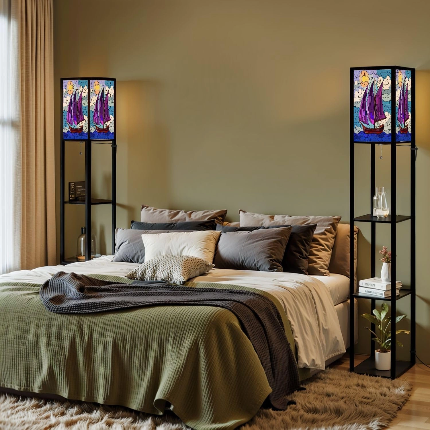 Stained Glass Style an Ship Sailing Against sea Sun Sky Seascape Floor Lamps with Shelves, Modern Standing Lamp Narrow Corner Display Bookshelf Lamp for Living Room, Bedroom, Office Decor
