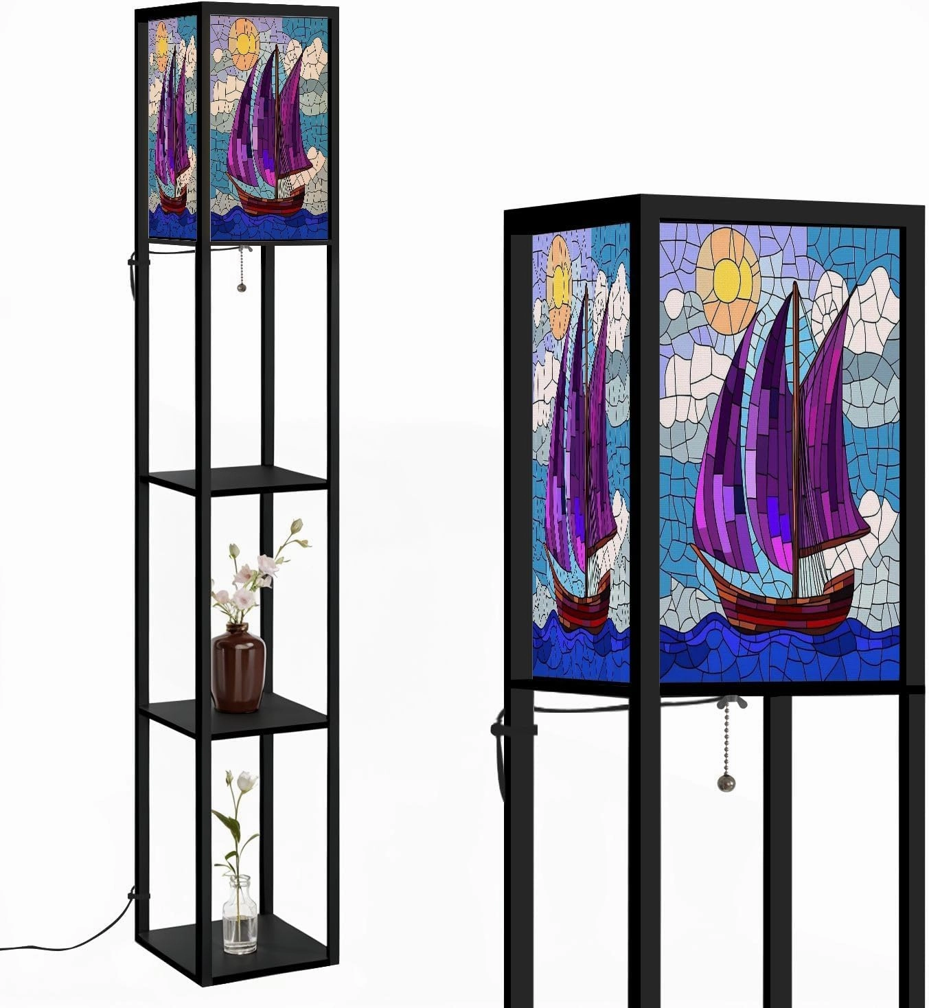 Stained Glass Style an Ship Sailing Against sea Sun Sky Seascape Floor Lamps with Shelves, Modern Standing Lamp Narrow Corner Display Bookshelf Lamp for Living Room, Bedroom, Office Decor