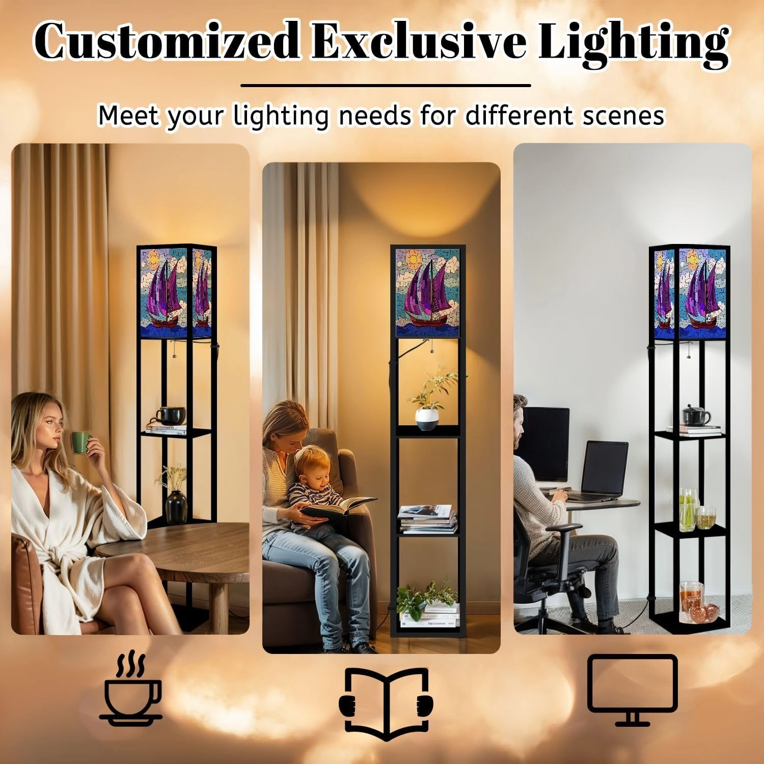 Stained Glass Style an Ship Sailing Against sea Sun Sky Seascape Floor Lamps with Shelves, Modern Standing Lamp Narrow Corner Display Bookshelf Lamp for Living Room, Bedroom, Office Decor