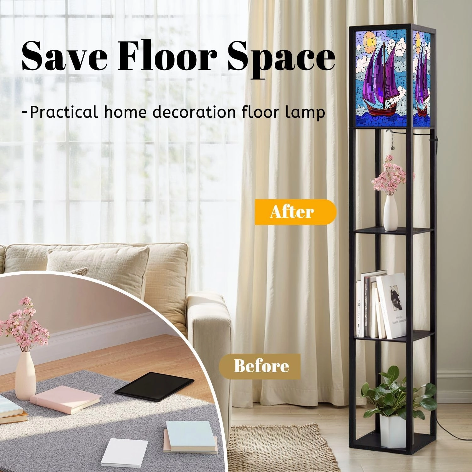 Stained Glass Style an Ship Sailing Against sea Sun Sky Seascape Floor Lamps with Shelves, Modern Standing Lamp Narrow Corner Display Bookshelf Lamp for Living Room, Bedroom, Office Decor