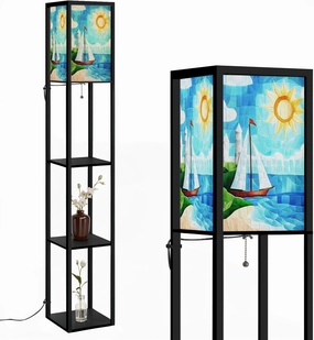 Stained Glass Style sea View Ships Shore Lighthouse Day Floor Lamps with Shelves, Modern Standing Lamp Narrow Corner Display Bookshelf Lamp for Living Room, Bedroom, Office Decor