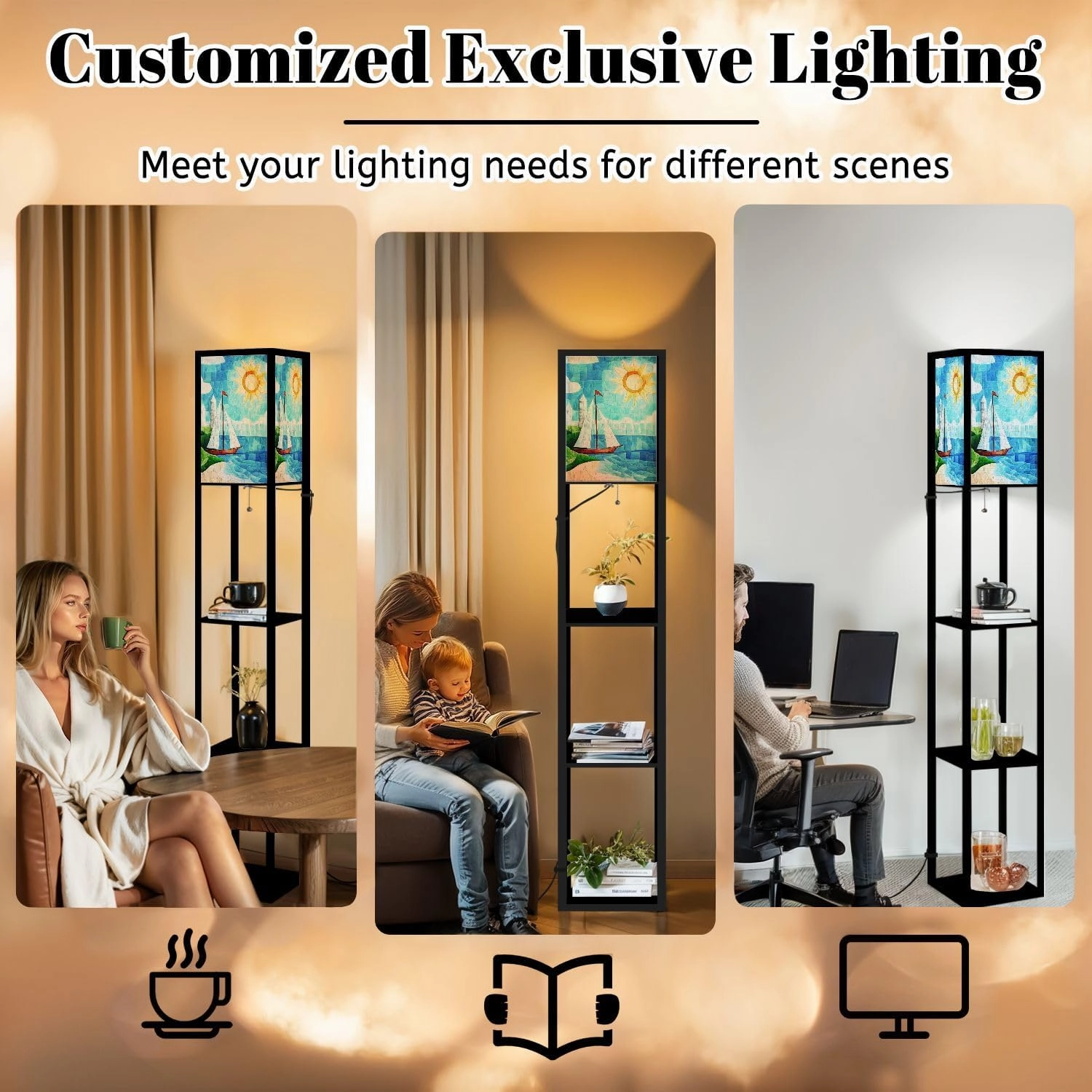 Stained Glass Style sea View Ships Shore Lighthouse Day Floor Lamps with Shelves, Modern Standing Lamp Narrow Corner Display Bookshelf Lamp for Living Room, Bedroom, Office Decor