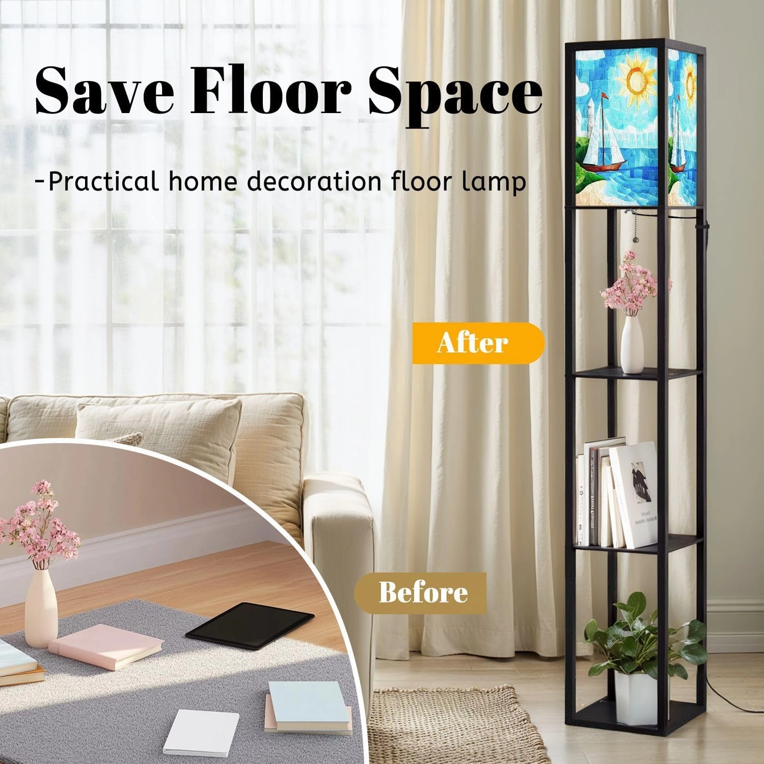 Stained Glass Style sea View Ships Shore Lighthouse Day Floor Lamps with Shelves, Modern Standing Lamp Narrow Corner Display Bookshelf Lamp for Living Room, Bedroom, Office Decor