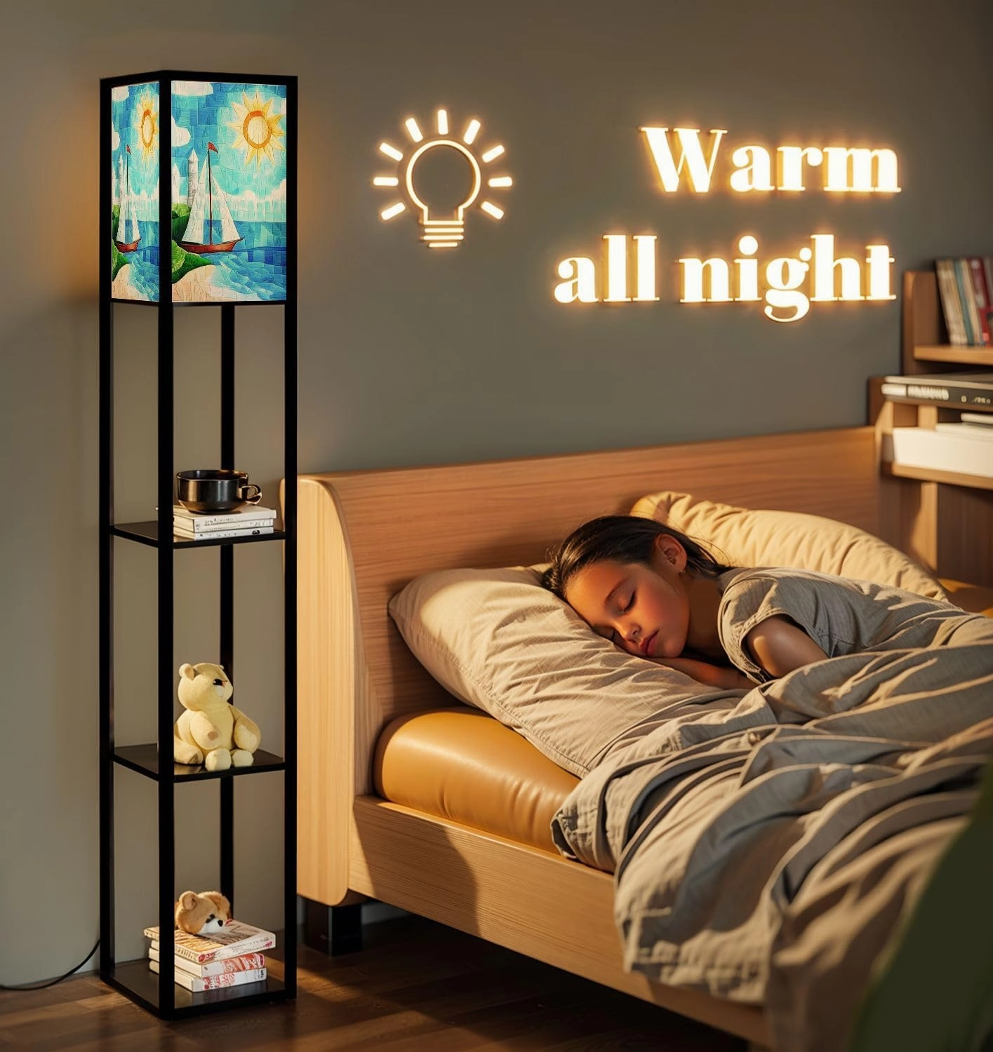 Stained Glass Style sea View Ships Shore Lighthouse Day Floor Lamps with Shelves, Modern Standing Lamp Narrow Corner Display Bookshelf Lamp for Living Room, Bedroom, Office Decor
