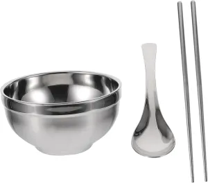 Stainless Bowl with Chopsticks Spoons Set of 3 for School Office Travel