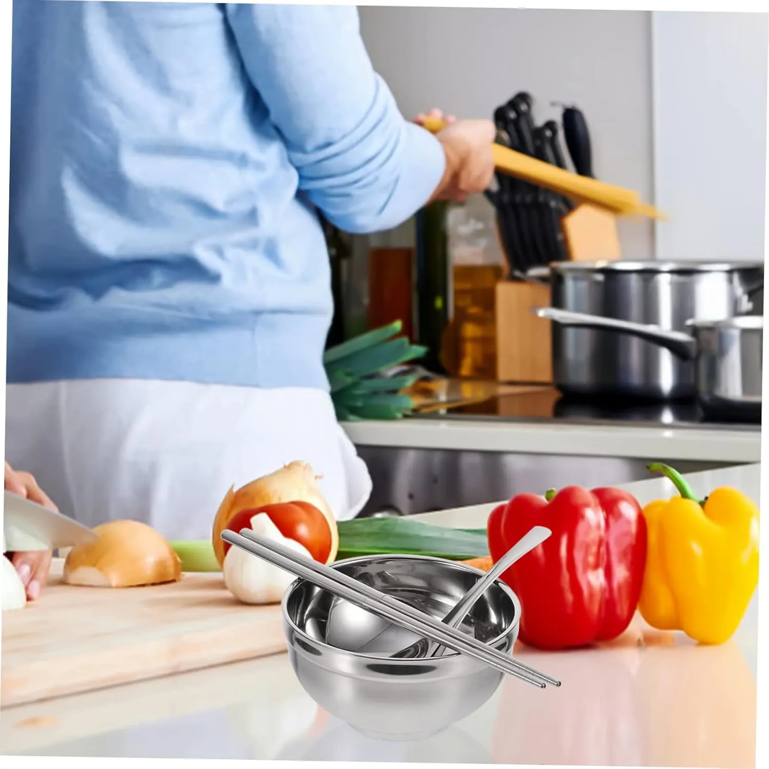 Stainless Bowl with Chopsticks Spoons Set of 3 for School Office Travel