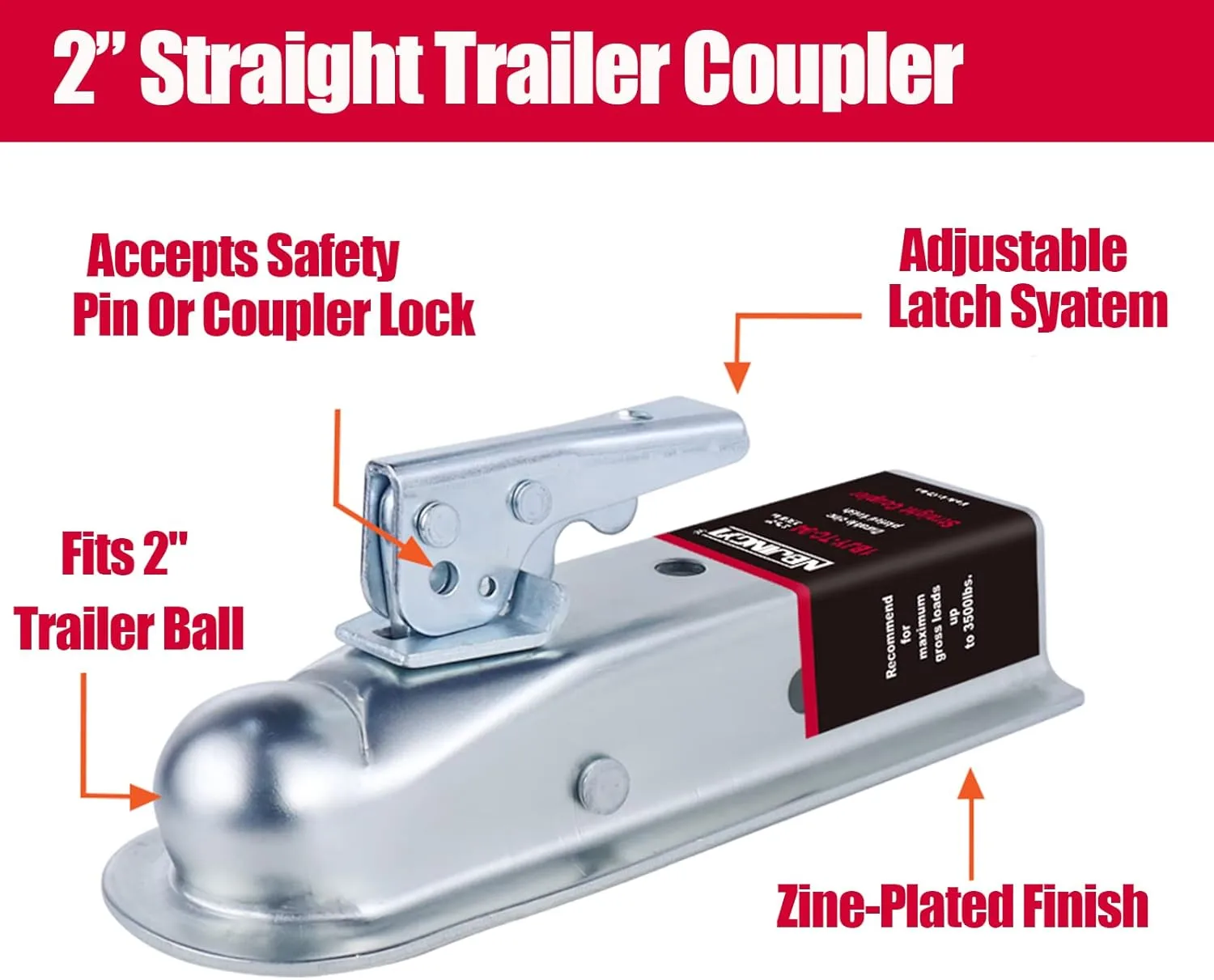 Straight Trailer Coupler 2" Ball 2" Channel Width 3500 LBSTrailer Tongue Coupler