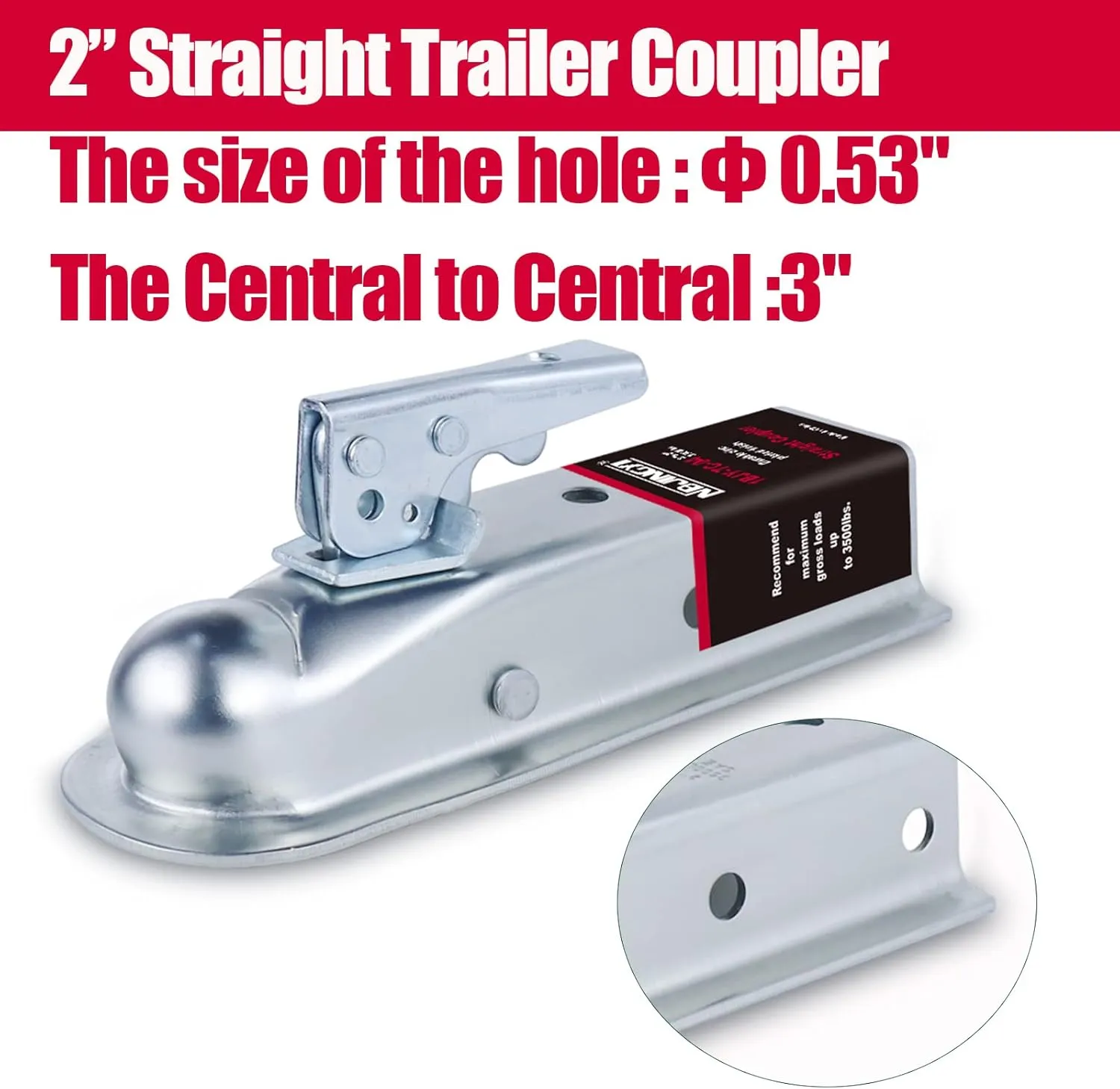 Straight Trailer Coupler 2" Ball 2" Channel Width 3500 LBSTrailer Tongue Coupler