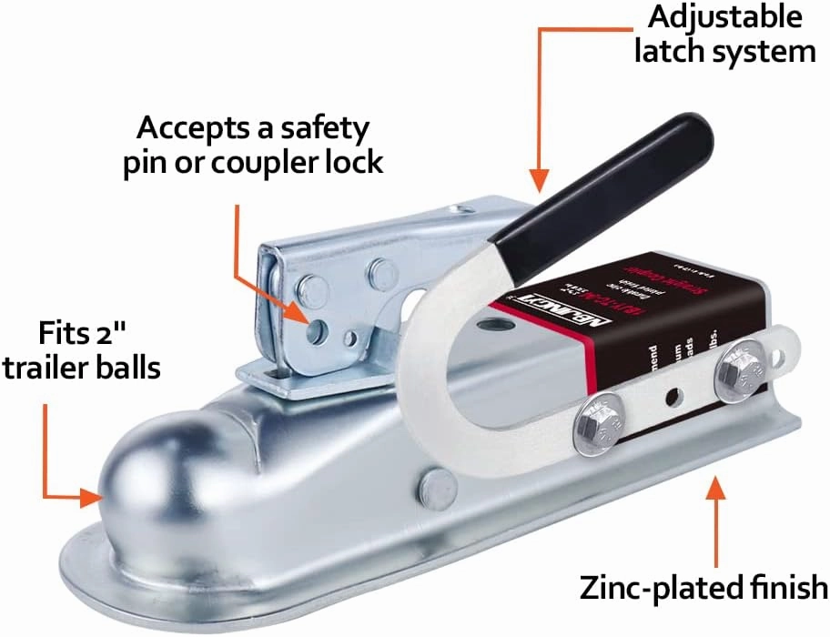 Straight Trailer Coupler 2" Ball 2" Channel Width 3500 LBSTrailer Tongue Coupler with Handle