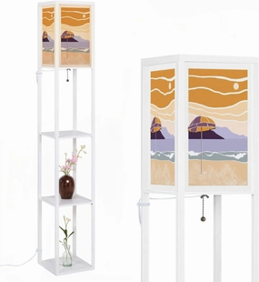Style Graphic Beach Dunes Sunshade Silhouette Vintage Poster Floor Lamps with Shelves, Modern Standing Lamp Narrow Corner Display Bookshelf Lamp for Living Room, Bedroom, Office Decor
