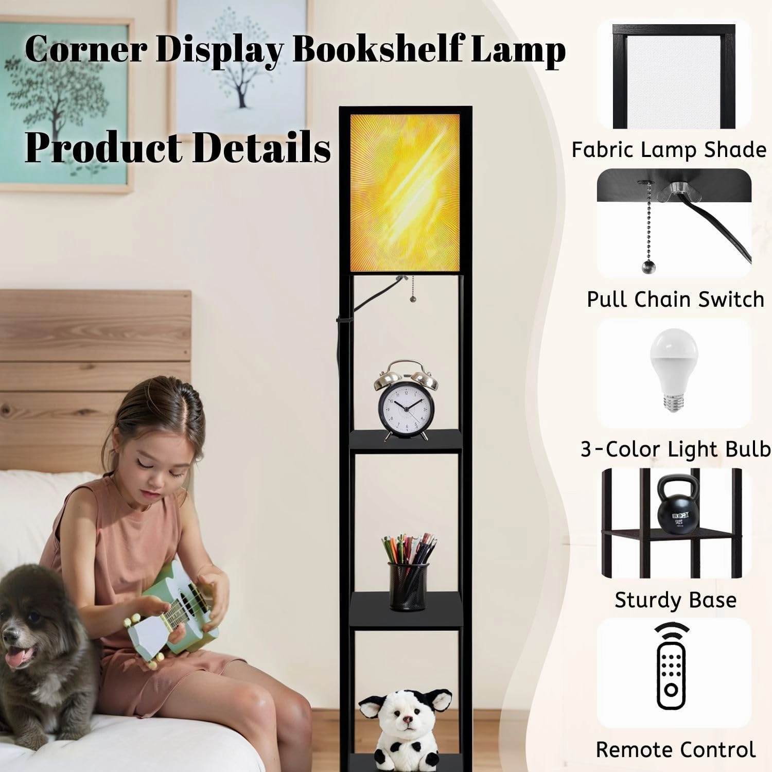 Summer Sun radiations Floor Lamps with Shelves, Modern Standing Lamp Narrow Corner Display Bookshelf Lamp for Living Room, Bedroom, Office Decor