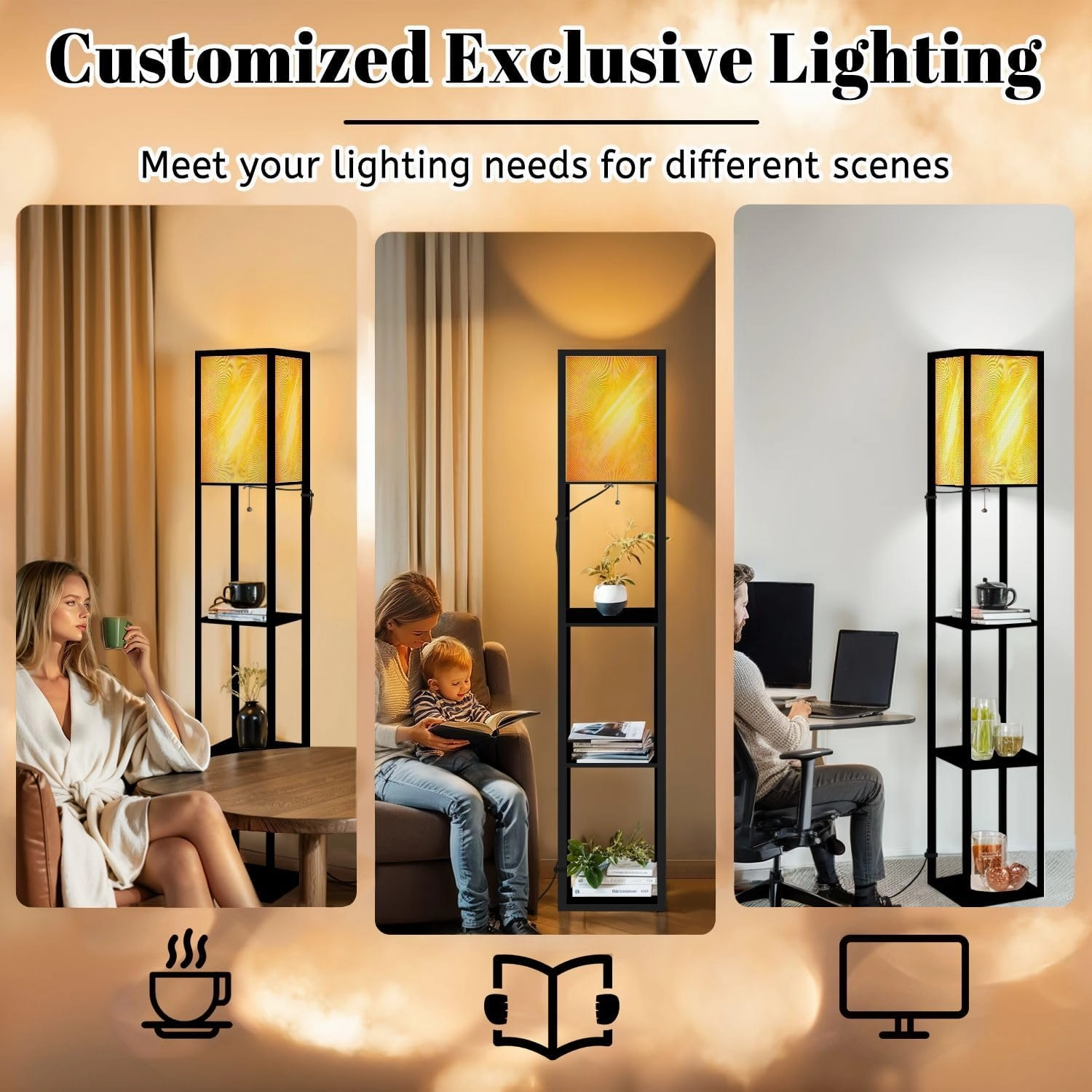 Summer Sun radiations Floor Lamps with Shelves, Modern Standing Lamp Narrow Corner Display Bookshelf Lamp for Living Room, Bedroom, Office Decor