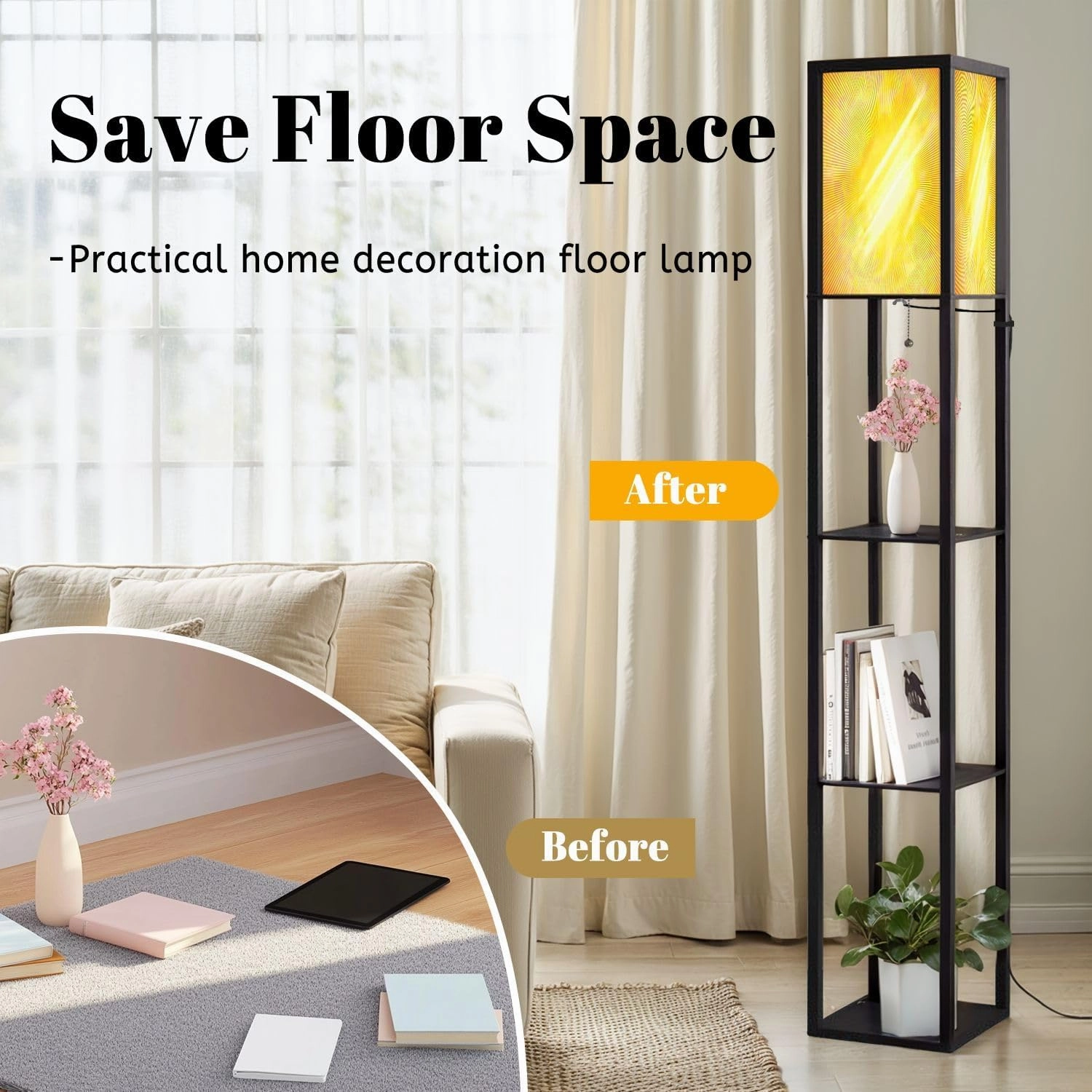 Summer Sun radiations Floor Lamps with Shelves, Modern Standing Lamp Narrow Corner Display Bookshelf Lamp for Living Room, Bedroom, Office Decor