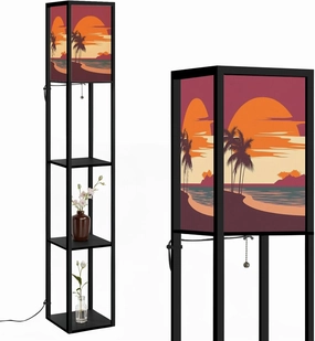 Sunset Tropical Beach Palm Trees sea Nature Landscape Seascape Floor Lamps with Shelves, Modern Standing Lamp Narrow Corner Display Bookshelf Lamp for Living Room, Bedroom, Office Decor