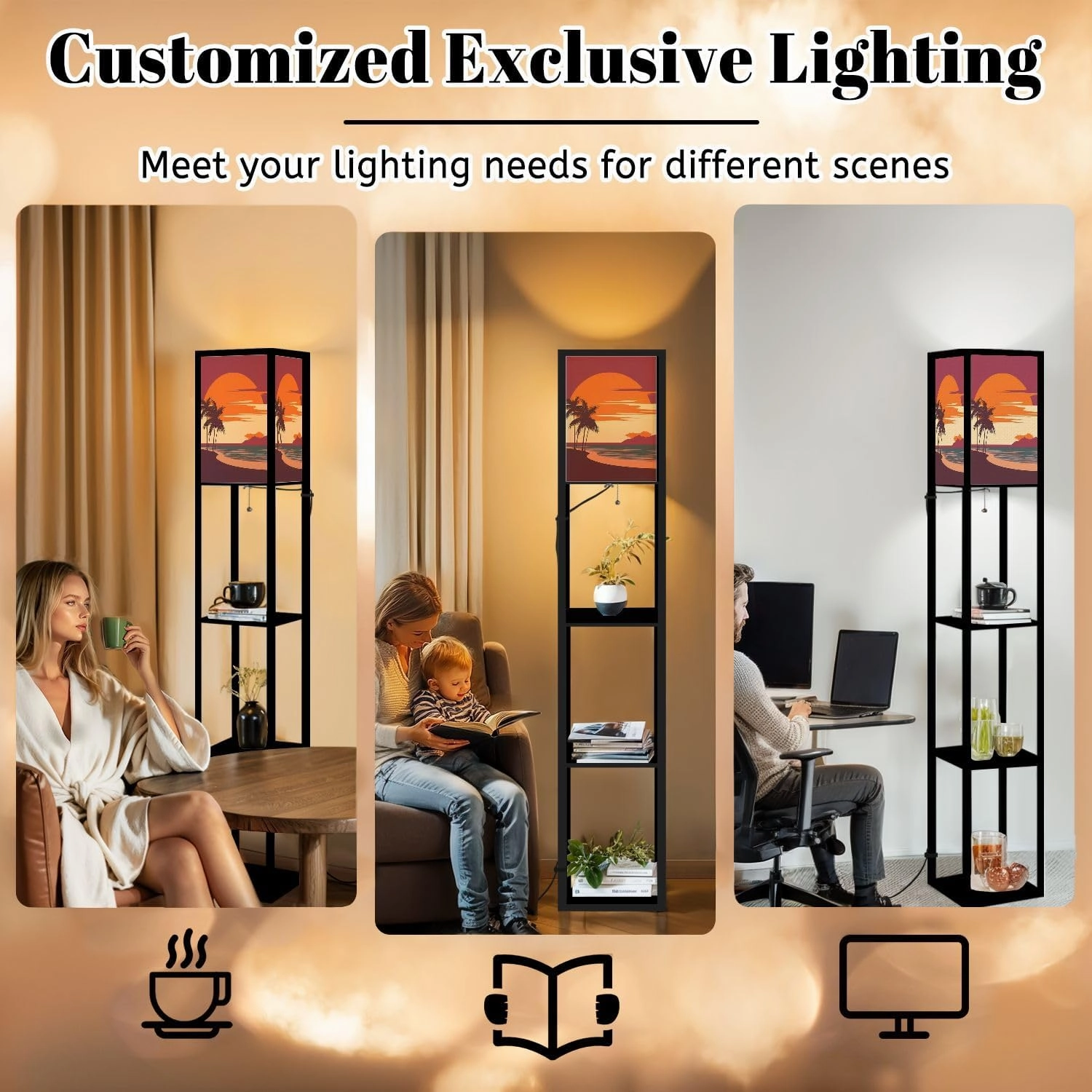 Sunset Tropical Beach Palm Trees sea Nature Landscape Seascape Floor Lamps with Shelves, Modern Standing Lamp Narrow Corner Display Bookshelf Lamp for Living Room, Bedroom, Office Decor