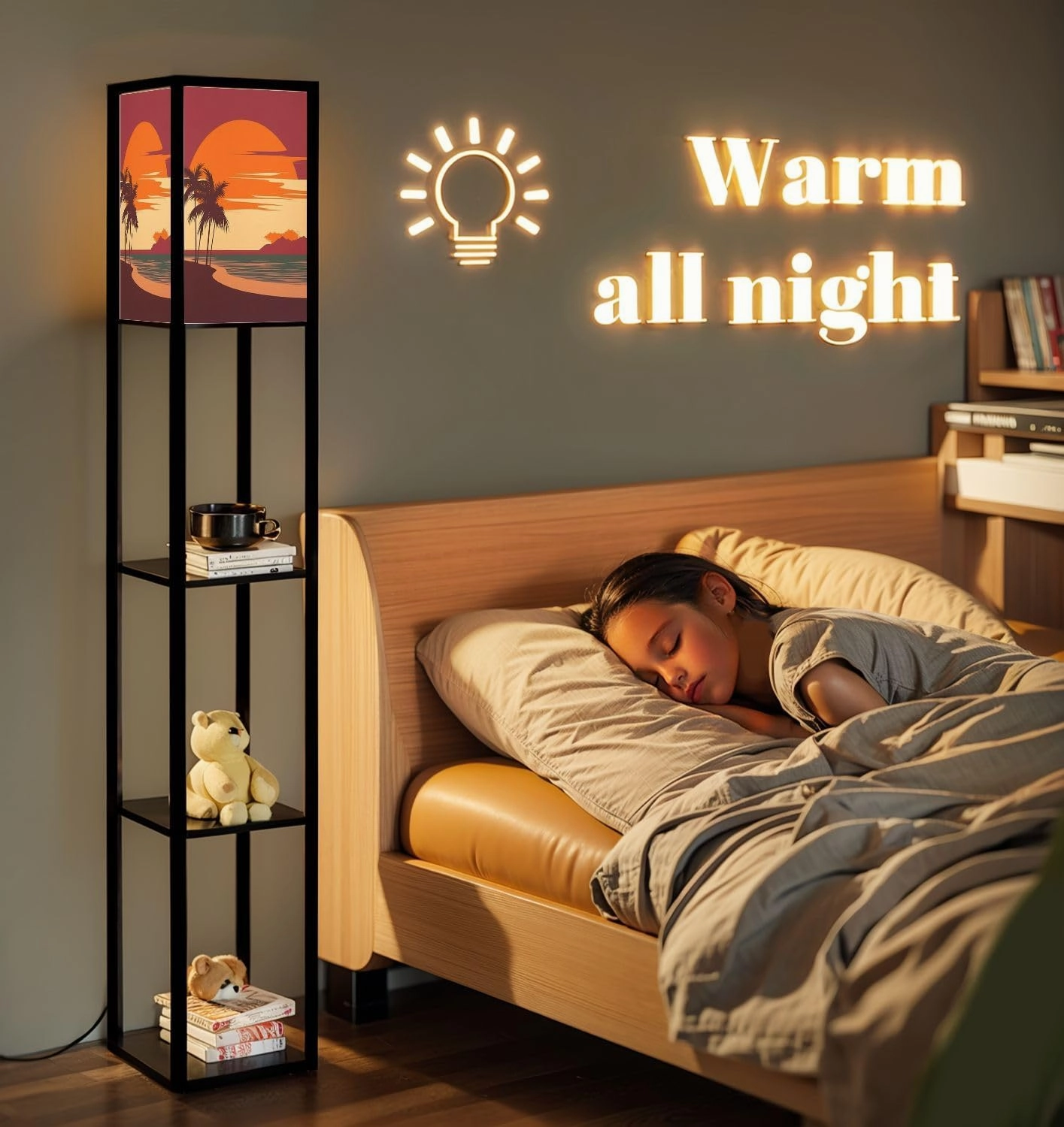 Sunset Tropical Beach Palm Trees sea Nature Landscape Seascape Floor Lamps with Shelves, Modern Standing Lamp Narrow Corner Display Bookshelf Lamp for Living Room, Bedroom, Office Decor