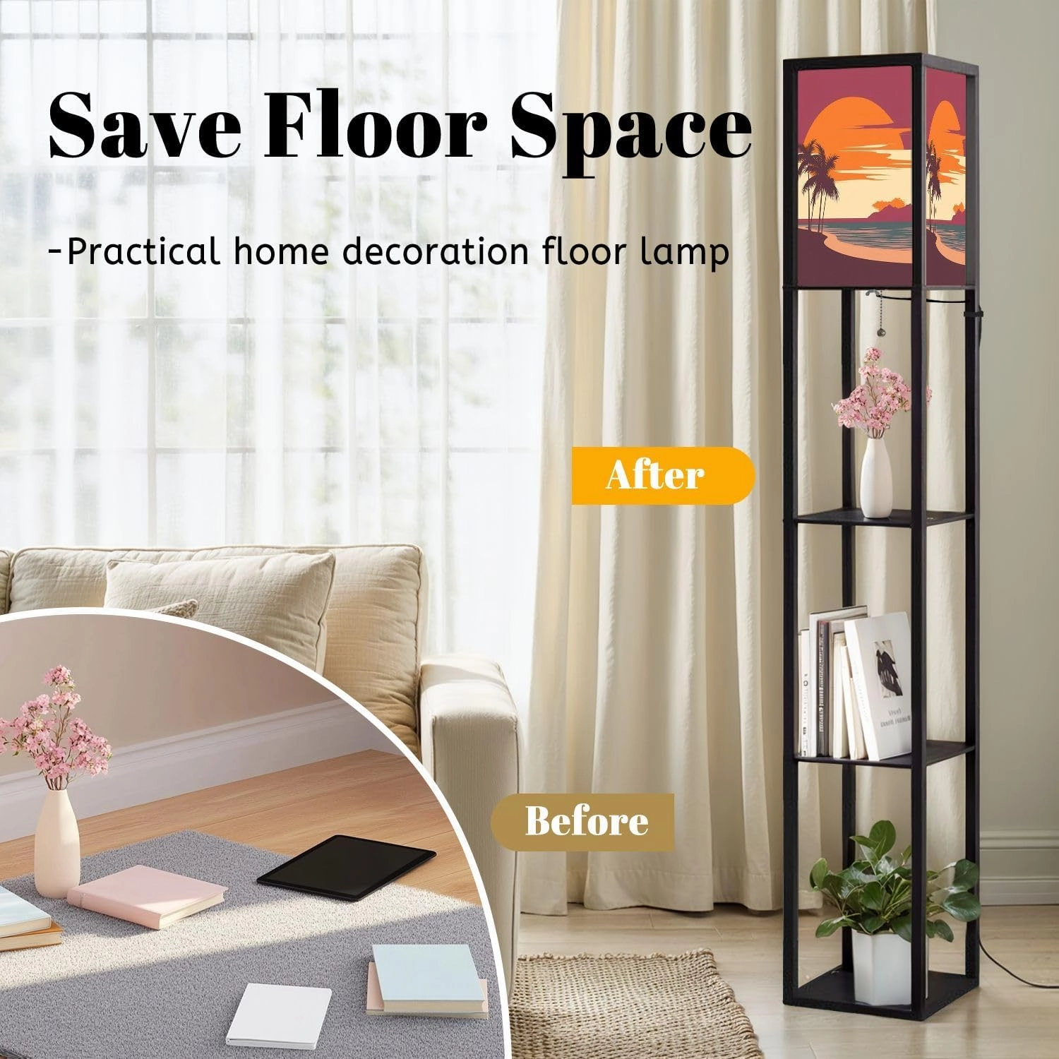 Sunset Tropical Beach Palm Trees sea Nature Landscape Seascape Floor Lamps with Shelves, Modern Standing Lamp Narrow Corner Display Bookshelf Lamp for Living Room, Bedroom, Office Decor