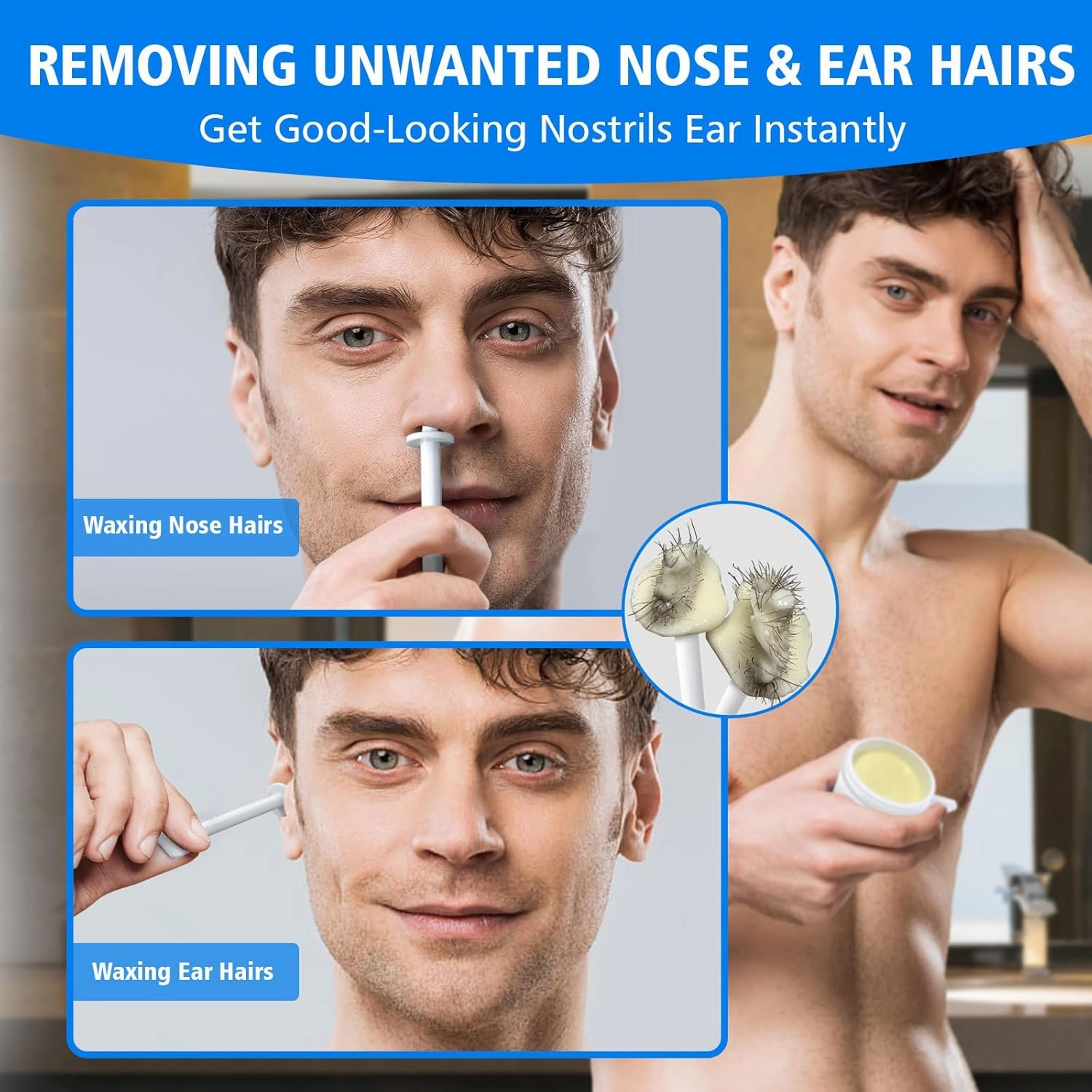 Super Nose Wax Kit Men,120g Wax, 30 Applicators | Ear & Nose Hair Removal Waxing Kit for Women | Includes 15 Balm Wipes & 10 Mustache Guards | Lasts 6 Weeks | Nasal Waxing Kit for Gift