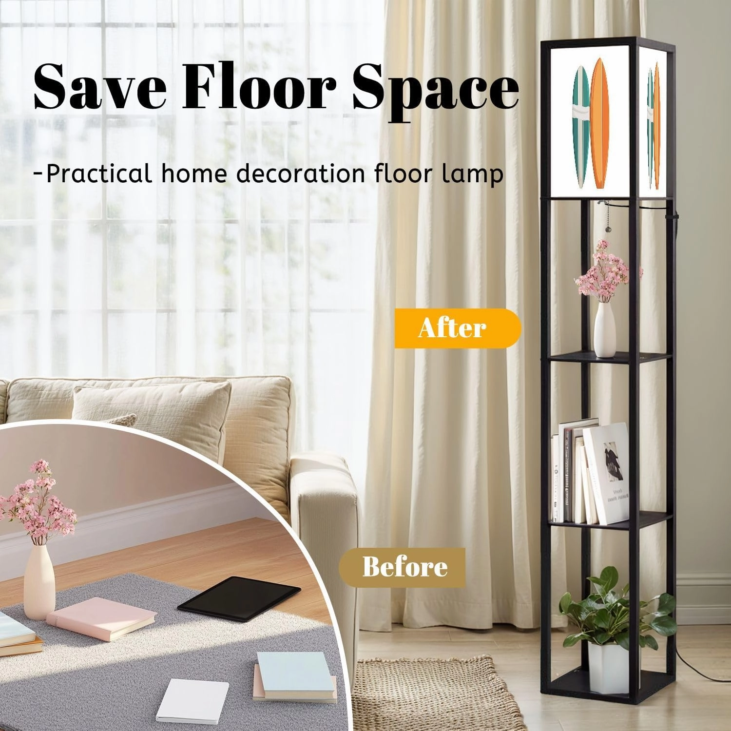 surf Table Floor Lamps with Shelves, Modern Standing Lamp Narrow Corner Display Bookshelf Lamp for Living Room, Bedroom, Office Decor