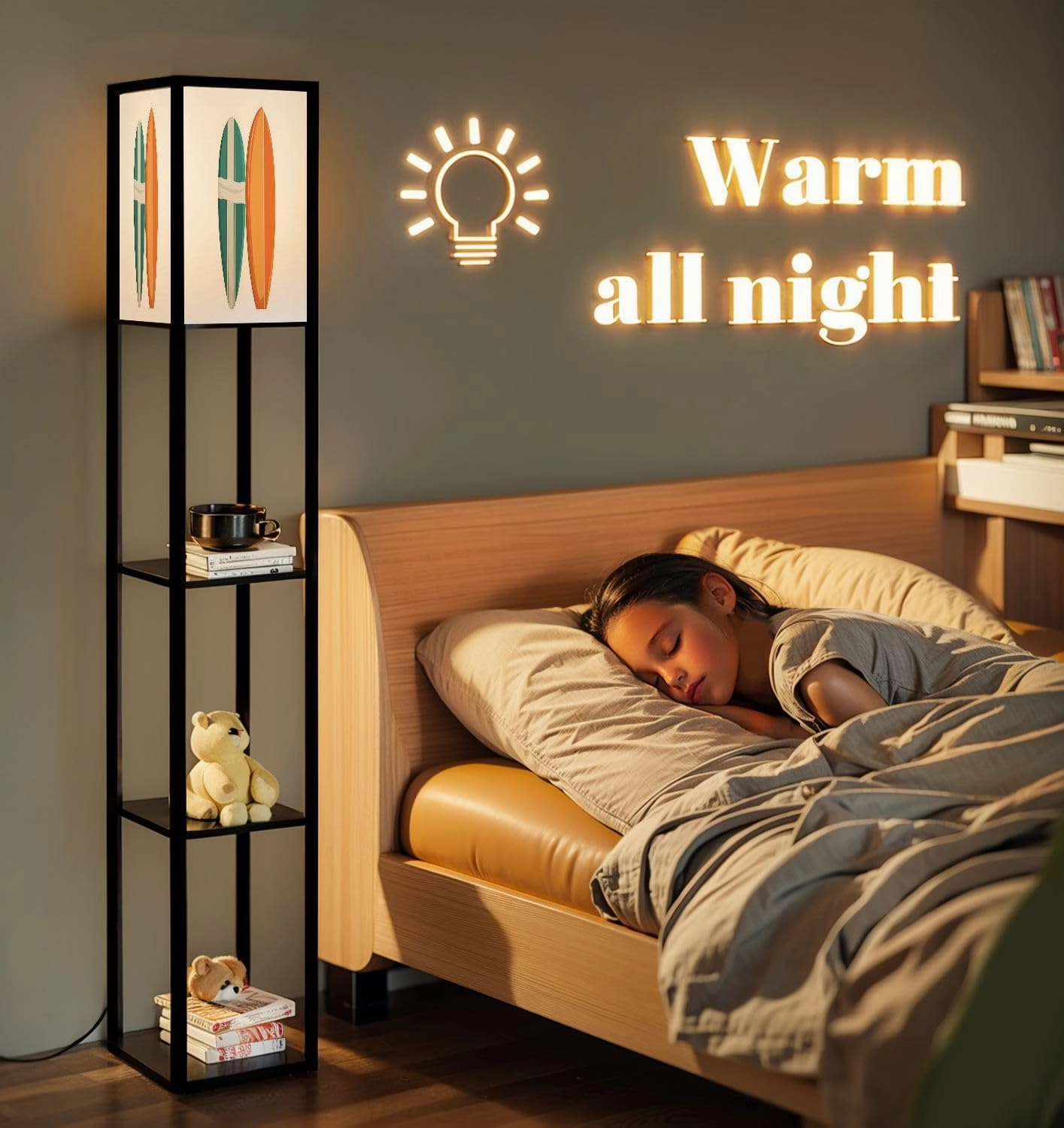 surf Table Floor Lamps with Shelves, Modern Standing Lamp Narrow Corner Display Bookshelf Lamp for Living Room, Bedroom, Office Decor