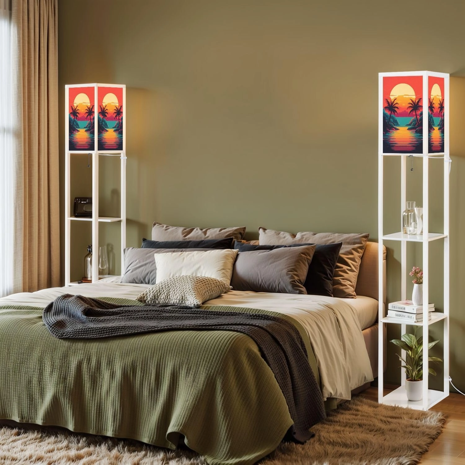 Synthwave Sunset Landscape Palm Trees Retro Wave Floor Lamps with Shelves, Modern Standing Lamp Narrow Corner Display Bookshelf Lamp for Living Room, Bedroom, Office Decor