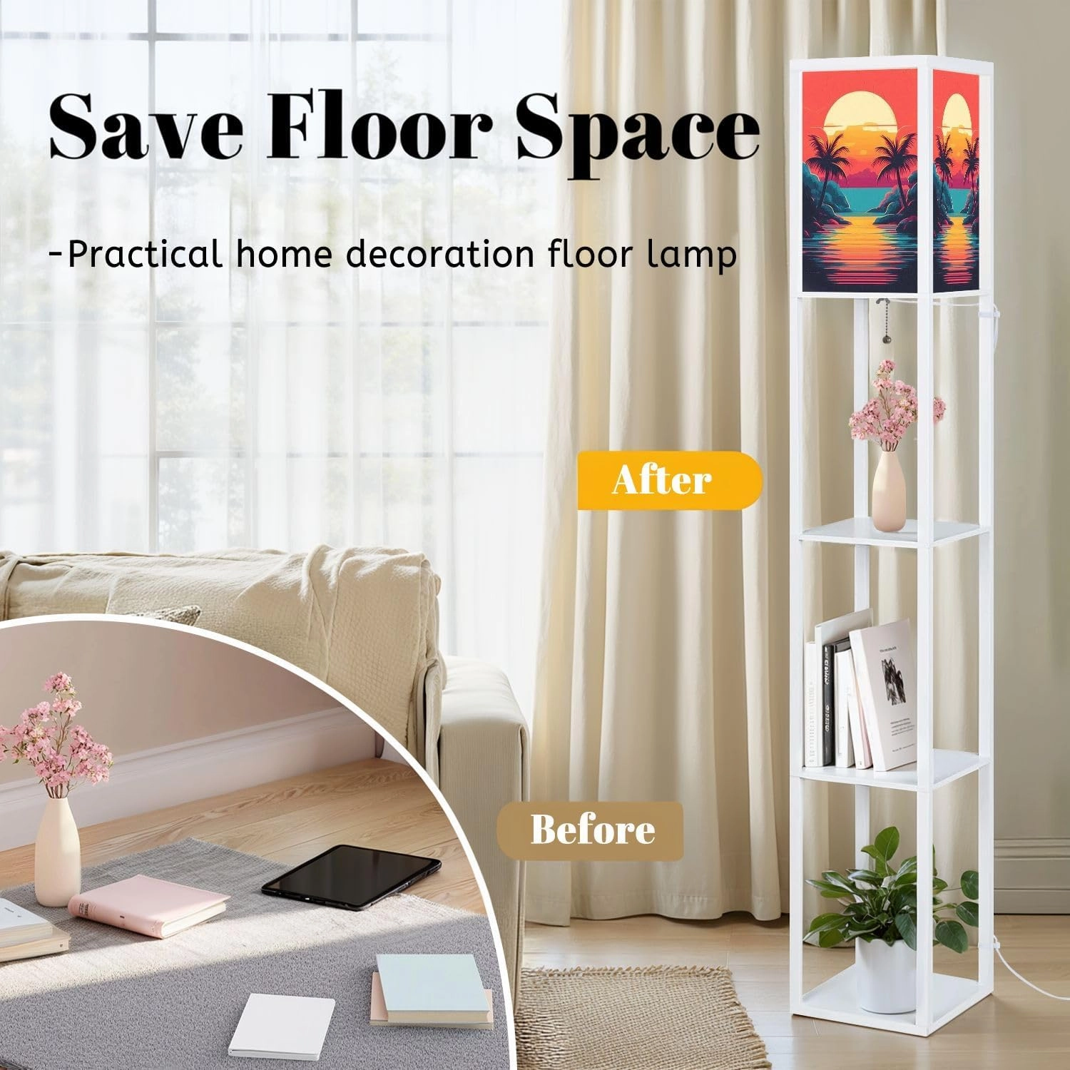 Synthwave Sunset Landscape Palm Trees Retro Wave Floor Lamps with Shelves, Modern Standing Lamp Narrow Corner Display Bookshelf Lamp for Living Room, Bedroom, Office Decor