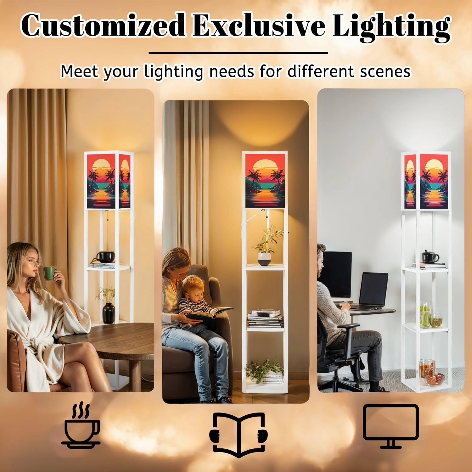 Synthwave Sunset Landscape Palm Trees Retro Wave Floor Lamps with Shelves, Modern Standing Lamp Narrow Corner Display Bookshelf Lamp for Living Room, Bedroom, Office Decor